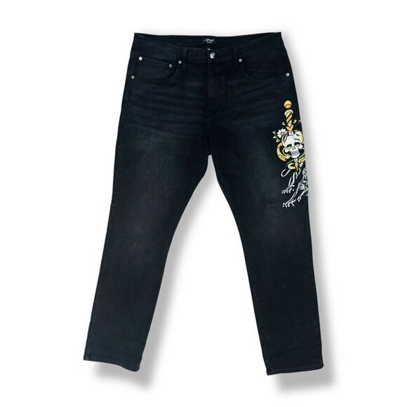 Ed Hardy Men's Slim Tapered Jeans Black Skull Dagger Embroidered Size 38 - Picture 1 of 10